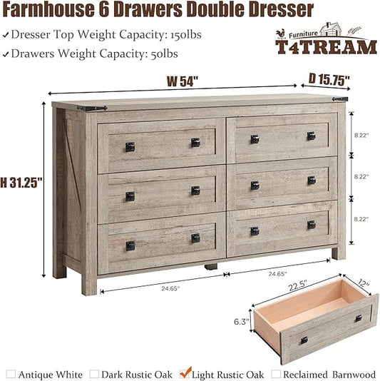 T4TREAM 54" Wide Farmhouse 6-Drawer Dresser for Bedroom, Light Rustic Oak | Rustic, Wood Storage Cabinet, Metal Handle, Unique Corner Accent, Bedroom, Living Room, Hallway