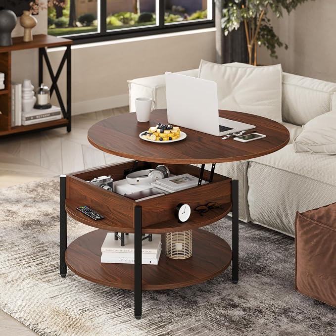 FABATO Round Lift Top Coffee Table with Storage and Hidden Compartment, 26.77'' Farmhouse Coffee Table for Living Room Reception Room, 2 Tier Small Round Coffee Table Circle Dining Table, Espresso