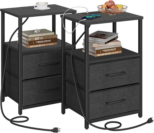 TUTOTAK End Table with Charging Station, Side Table with 2 USB Ports and Outlets, Nightstand with Cloth Drawer, Set of 2, Couch Table, Black TB01BK052