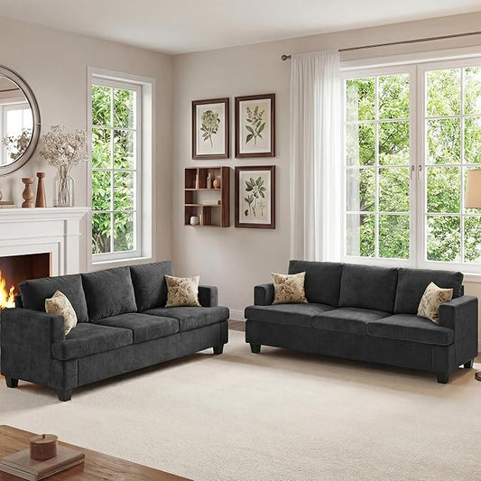 Apicizon 3-Seater Sofa & 3-Seater Sofa, 2 Piece Set Comfy Couch for Living Room, Modern Lounge Sofa Couch for Apartment Lounge, Dark Grey Chenille