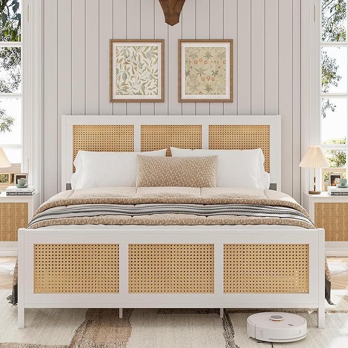 Garvee Rattan Bed Frame with Headboard, Bohe Platform Queen Bed Frame with Strong Metal Slats Support, No Box Spring Needed, Noise-Free Design, White