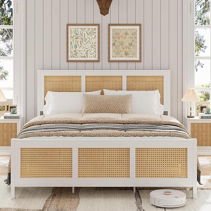 Garvee Rattan Bed Frame with Headboard, Bohe Platform Queen Bed Frame with Strong Metal Slats Support, No Box Spring Needed, Noise-Free Design, White