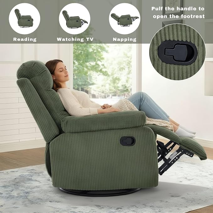 Rocking Recliner Chair,Modern Swivel Glider Recliner Chair,Corduroy Fabric Upholstery Recliner,Manual Reclining Sofa Chair for Living Room,Office,Apartment (Green)