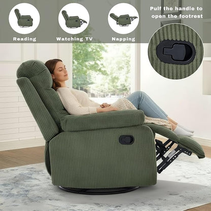 Rocking Recliner Chair,Modern Swivel Glider Recliner Chair,Corduroy Fabric Upholstery Recliner,Manual Reclining Sofa Chair for Living Room,Office,Apartment (Green)