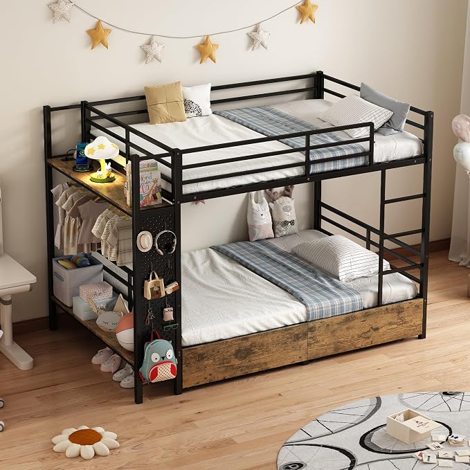 Twin Over Twin Metal Bunk Bed with Storage Station & Rolling Drawers | Built-In USB Charging Station,Hall Tree & Full Safety Guardrails for Bedroom