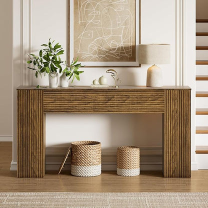 FABATO 61'' Fluted Long Console Table, Wooden Rectangular Sofa Table Behind The Couch, Narrow Entryway Table with 2 Hidden Storage Cabinets for Entrance, Hallway, Living Room, Foyer, Brown