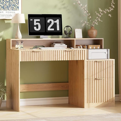 Vabches Fluted Computer Desk with Power Outlets, Home Office Desk with Drawers, Printer Stand, Wood Computer Desk with Long Monitor Stand, Oak