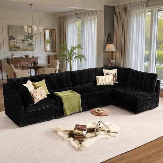 ovios Modular Sectional Sofa Couch with U-Shape Chaise Oversized, Comfy Plush Corduroy Cloud Couches, Modern Luxury Deep Seat Sofas Set for Living Room, 5-Seater, Black