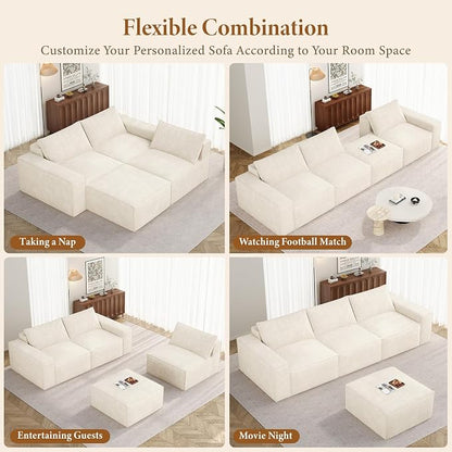 Vesgantti 114" Boneless Modular Sectional Sofa, Modern 3 Seater Couch with Ottoman & Deep Seat, Convertible Chenille L Shaped Cloud Couches for Living Room, No Assembly Required, Beige