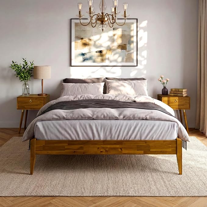 Bme Dinkee Wooden Queen Bed Frame, 15 Inch Height, Elegant Minimalist Modern Design with Japanese Joinery, Durable Wood Slats for Reliable Support, No Box Spring Required, Caramel