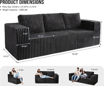 Modular Sectional Sofa 3-Seater Modular Couch with Deep Seat Memory Foam Cloud Chair with Pillows Oversized Sectional Sofa for Living Room Bedroom (Strip Grey, 3-Seater)