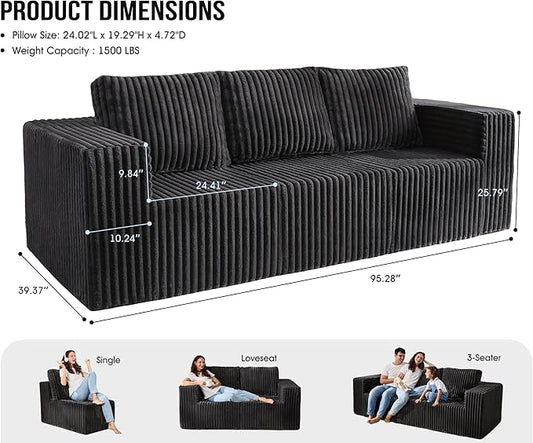 Modular Sectional Sofa 3-Seater Modular Couch with Deep Seat Memory Foam Cloud Chair with Pillows Oversized Sectional Sofa for Living Room Bedroom (Strip Grey, 3-Seater)