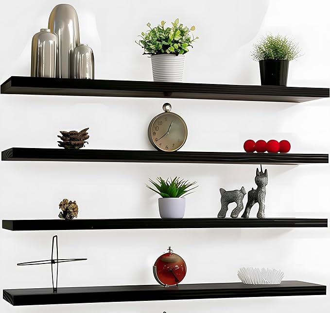 YYWUOJJ Wood Floating Shelves for Wall Decor, Rustic Wall Shelves for Bedroom Bathroom Kitchen Living Room, Set of 4 Black 48 Inch