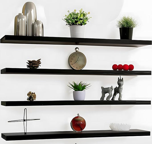 YYWUOJJ Wood Floating Shelves for Wall Decor, Rustic Wall Shelves for Bedroom Bathroom Kitchen Living Room, Set of 4 Black 48 Inch