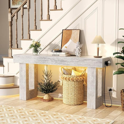 Unikito 63'' Farmhouse Console Table with Power Outlets and Sensor Light, Wooden Entryway Table with Storage, Rectangular Sofa Tables Behind The Couch for Entrance, Hallway, Living Room, Oak