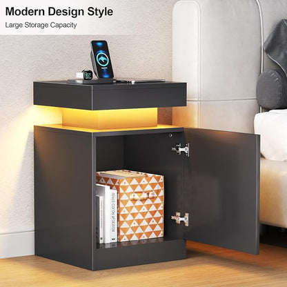 MXV Nightstand Set of 2 with LED Lights,Night Stand with Storage Cabinet for Bedroom,Bedside Table with LED (Black, 24 in Tall)