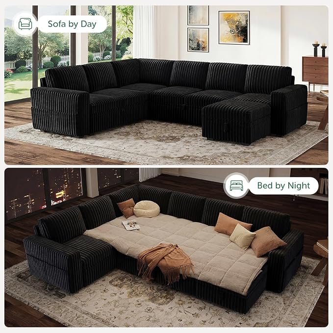 HONBAY Modular Sectional Sleeper Sofa with Pull Out Bed,Corduroy U Shaped Couch with Storage, Sectional Couches for Living Room,Black