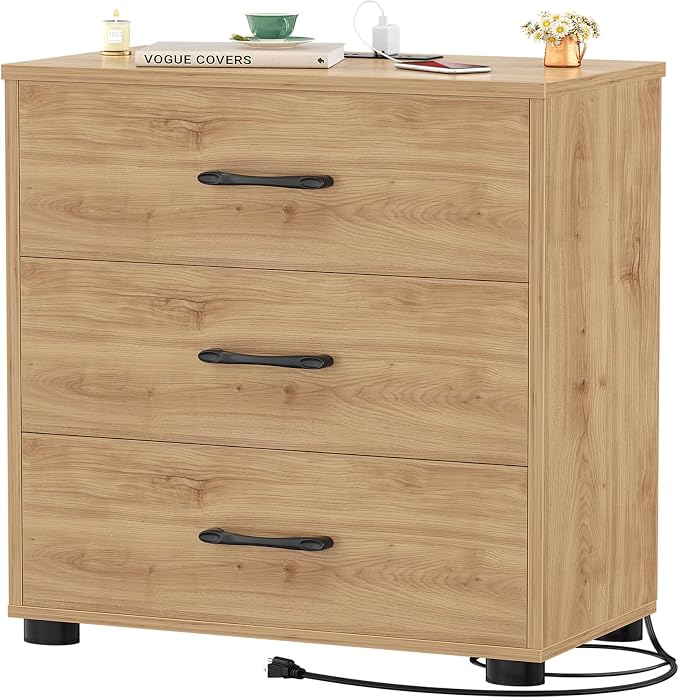 Aheaplus Night Stand with Charger Station, 21.7'' Wider Nightstands with 3 Wooden Drawers, Large Bedside Table, Modern Tall End Side Table, Nightstand for Bedroom, Natural Oak1