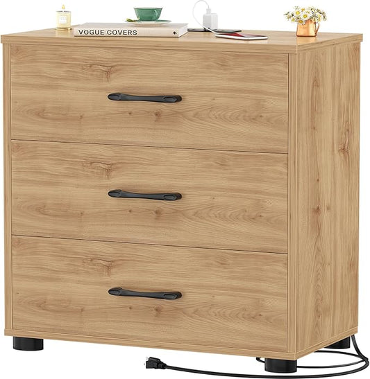 Aheaplus Night Stand with Charger Station, 21.7'' Wider Nightstands with 3 Wooden Drawers, Large Bedside Table, Modern Tall End Side Table, Nightstand for Bedroom, Natural Oak1