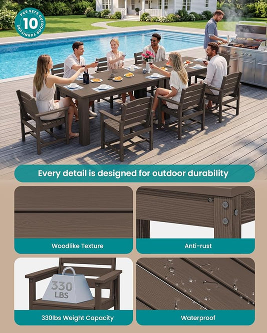 SERWALL HDPE Dining Set for 8: 2 Umbrella Hole Tables + 8 Chairs. for Garden, Backyard, Poolside. Coffee