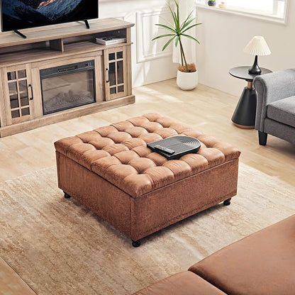 Redlife 35 Inch Large Square Storage Ottoman, Storage Ottoman Coffee Table with Lift Top Faux Leather Ottomans Square Footrest Oversized Upholstered Coffee Table for Living Room (Brown Leathaire)