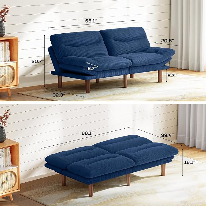 Marsail 66" Futon Sofa Bed, Convertible Corduroy Futon Couch with Adjustable Backrest & Armrests, Small Sleeper Sofa Loveseat for Living Room, Apartment, Blue