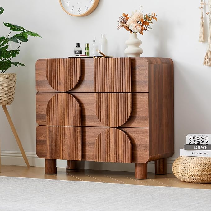 Janmer Home 3 Drawer Dresser, Modern Fluted Wood Chest of Drawers, 31.5" Wide Walnut Nightstand with Anti-Tip Device, Curved Storage Cabinet for Bedroom, Living Room, Entryway