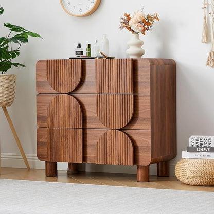 Janmer Home 3 Drawer Dresser, Modern Fluted Wood Chest of Drawers, 31.5" Wide Walnut Nightstand with Anti-Tip Device, Curved Storage Cabinet for Bedroom, Living Room, Entryway