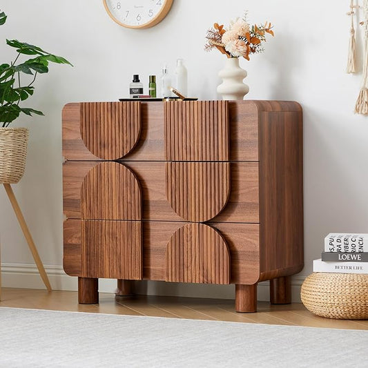 Janmer Home 3 Drawer Dresser, Modern Fluted Wood Chest of Drawers, 31.5" Wide Walnut Nightstand with Anti-Tip Device, Curved Storage Cabinet for Bedroom, Living Room, Entryway