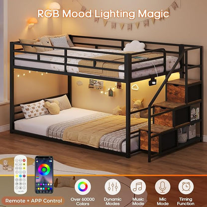 ADORNEVE Low Bunk Bed Twin Over Twin with Storage Staircase, Drawers & Shelves, RGB LED Lights Metal Floor Bunk with Power Outlet, Full-Length Guardrail & Metal Slats, for Small Space, Kids, Black