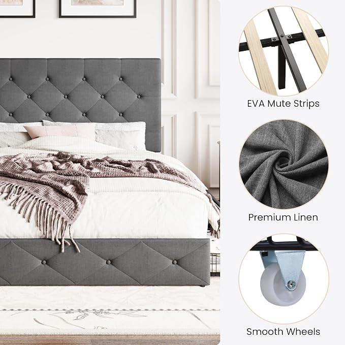 SHA CERLIN Upholstered Queen Size Platform Bed Frame with 4 Storage Drawers, Adjustable Headboard with Diamond Stitched Button Tufted Design, Wooden Slat Support, No Box Spring Needed, Dark Grey