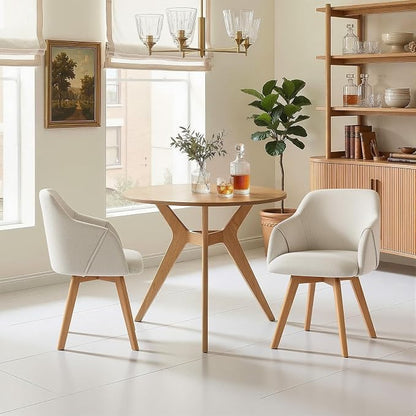 Swivel Dining Chairs Set of 2, Mid Century Modern Dining Chairs with Arms and Wood Legs, Linen Fabric Upholstered Kitchen Chairs for Dining Room Living Room, Comfortable Widen Seat, Beige