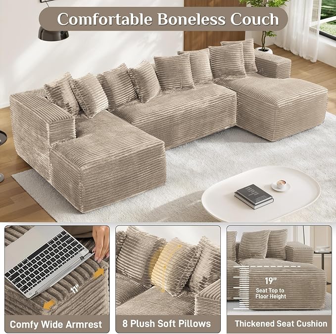 131" Oversized U Shaped Cloud Sectional Couches for Living Room, Comfy Fluffy Corduroy Light Brown Boneless Sectionals Couch, Plush Memory Foam Modular Sectional Sofa with Chaise- 19" Seat Height