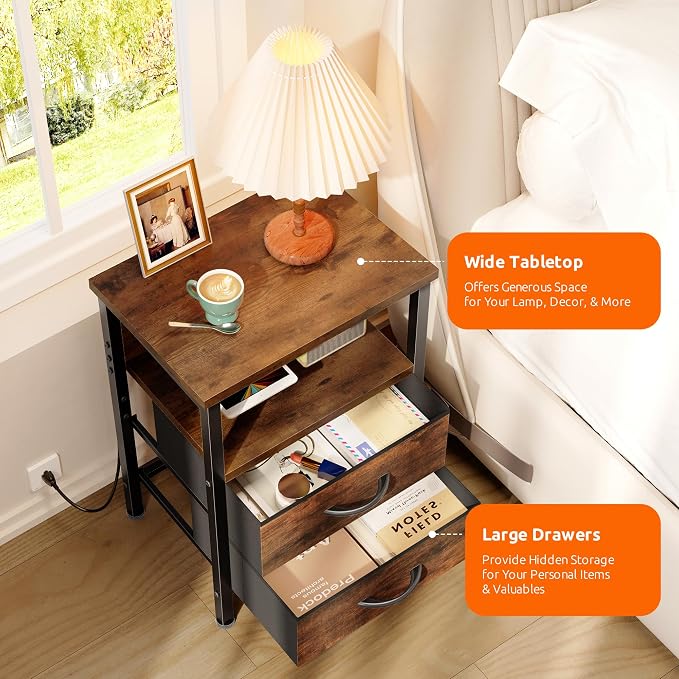 Lazzanto NightStand Bedside Charging Table Bedroom - Brown Night Stand with Charger Station, Modern Bed Side End Table with Open Shelf & 2 Fabric Drawers, USB-C Port for Dorm, Living Room