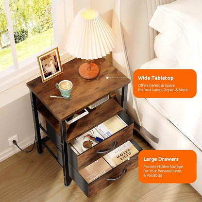 Lazzanto NightStand Bedside Charging Table Bedroom - Brown Night Stand with Charger Station, Modern Bed Side End Table with Open Shelf & 2 Fabric Drawers, USB-C Port for Dorm, Living Room
