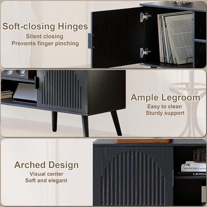ChooChoo TV Stand for Living Room, Mid Century Modern TV Stand for 55/60 Inch TVs, Entertainment Center with Storage Cabinet and Open Shelves, TV Console Table Media Cabinet for Bedroom, Black