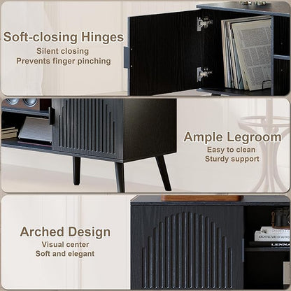 ChooChoo TV Stand for Living Room, Mid Century Modern TV Stand for 65 Inch TVs, Entertainment Center with Storage Cabinet and Open Shelves, TV Console Table Media Cabinet for Bedroom, Black