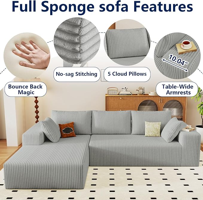 96" Modular Sectional Sofa, Modern Corduroy Cloud Couch with Deep Seat, Boneless Couch Upholstered 3-Seater L-Shaped Sofa for Living Room, No Assembly Required (Light Grey, Left-Facing Chaise)
