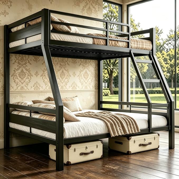Bunk Bed Twin Over Full, Heavy Duty Metal Bunkbeds with Full-Length Guardrail, Space-Saving Steel Bed for Kids & Adults, No Box Spring Required, Black