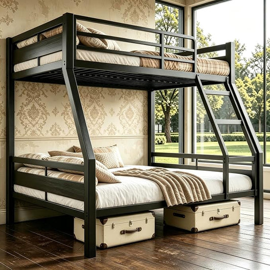 Bunk Bed Twin Over Full, Heavy Duty Metal Bunkbeds with Full-Length Guardrail, Space-Saving Steel Bed for Kids & Adults, No Box Spring Required, Black