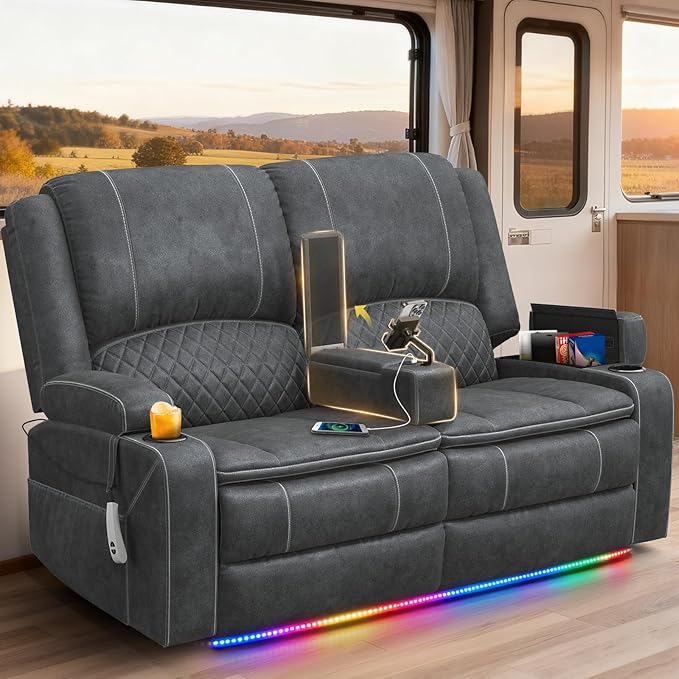 Upgraded Power Loveseat Reclining Couch, Reclining Loveseat Sofa RV Couch with Removable Armrest and Remote Control, Velvet Wall Hugger Home Theater Seating with 2-Tier Cushions, Storage (Velvet,Grey)