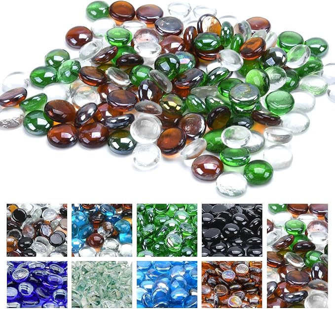 GasSaf Blended Fire Glass Beads for Outdoor Fire Pit, Fireplace, Replaces Existing Gas Logs & Lava Rocks, 3/4 Inch Glass(10 Pound)(Green, Amber, Crystal Clear Luster)