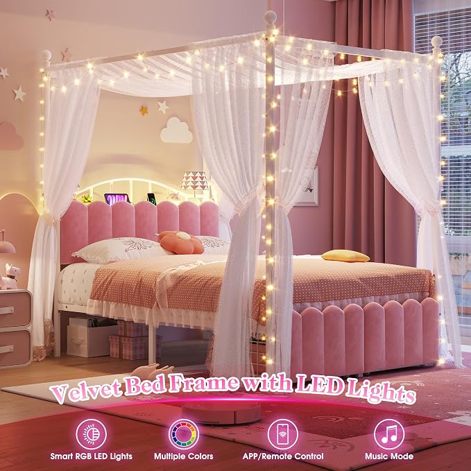 Homkdom Canopy Bed Frame Full with Upholstered Storage Headboard and Charging Station & LED Lights, 2 Oversized Drawers,Heavy-Duty Support, No Box Spring,Quiet Sleep,Easy Assembly, Pink