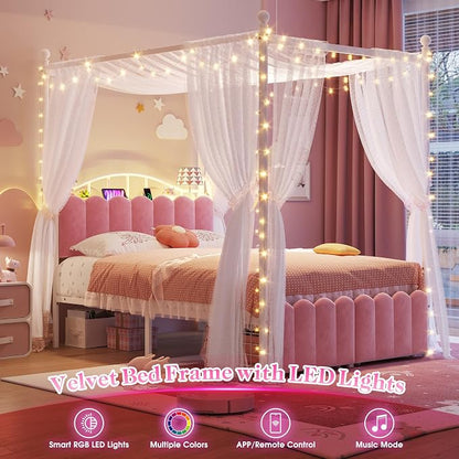 Homkdom Canopy Bed Frame Full with Upholstered Storage Headboard and Charging Station & LED Lights, 2 Oversized Drawers,Heavy-Duty Support, No Box Spring,Quiet Sleep,Easy Assembly, Pink