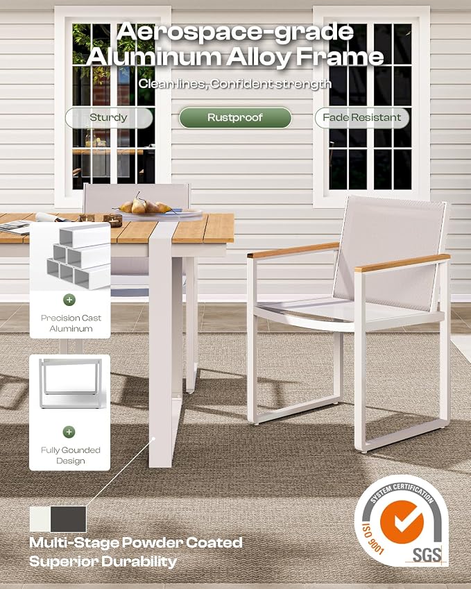 Outdoor Dining Chairs Set of 2, Aluminum Patio Dining Chiars with Textilene Mesh, 2 Piece Outdoor Chiars for Garden, Backyard, Deck (White-Teak)