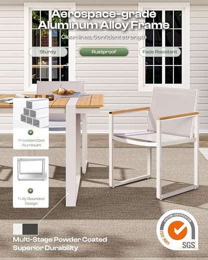 Outdoor Dining Set, HDPS + Aluminum Patio Table and Chairs Set with U-Shaped Base, 7 Piece Outdoor Furniture Set with Umbrella Hole, Patio Dining Table Set for Garden, Backyard (White-Teak)