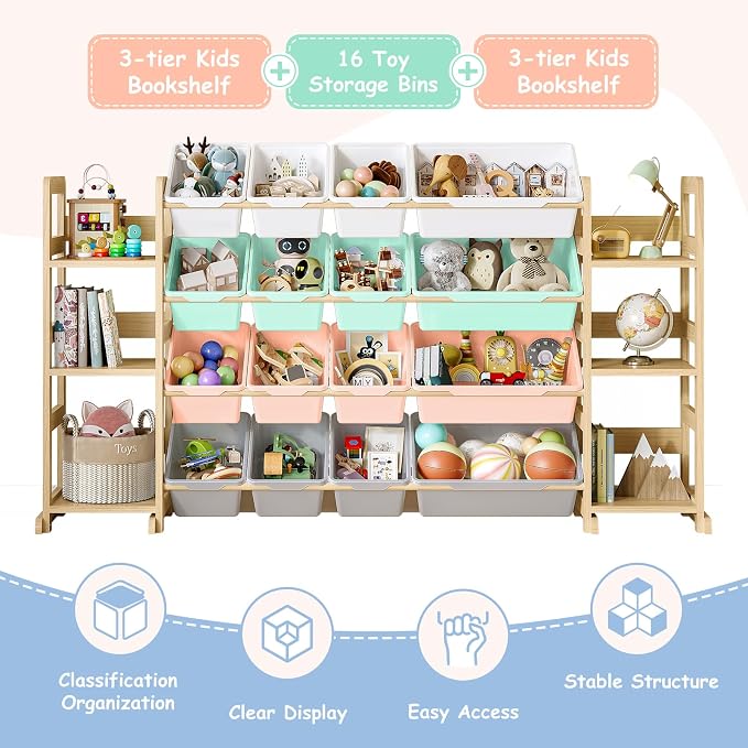 EXPERLAM Extra Large Toy Storage - Toy Storage Organizer, Wooden Toy Organizer with 6 Side Shelves and 16 Bins, 3-in-1 Bookshelf for Kids Rooms, Playroom, Nursery, Multi