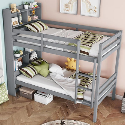 Twin Over Twin Bunk Bed with Storage Bookcase Headboard for Kids Boys Girls Teens, Rubber Wood Bunk Beds Frame with Storage Shelves, Can Be Separated into 2 Platform Beds, Gray