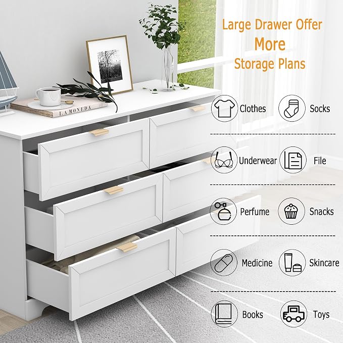 6 Drawer Dresser for Bedroom, Modern Long Chest with Large Drawer, Wooden Chest of Dresser Storage Cabinet Organizer Unit for Living Room, Cloakroom, Entryway, Hallyway (White)