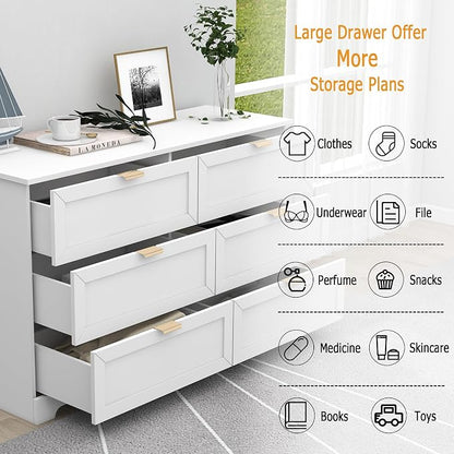 6 Drawer Dresser for Bedroom, Modern Long Chest with Large Drawer, Wooden Chest of Dresser Storage Cabinet Organizer Unit for Living Room, Cloakroom, Entryway, Hallyway (White)
